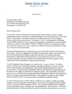 Thượng Nghị Sĩ Gửi Thư đến Bộ trưởng Bộ an ninh nội địa Hoa Kỳ (DHS) kiến nghị thu hồi đề xuất sửa đổi qui định chương trình EB5