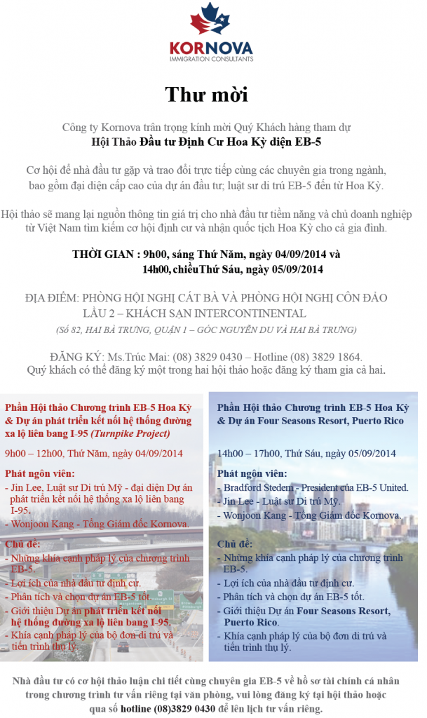 Hội Thảo Đầu Tư Định Cư Hoa Kỳ Diện EB5 – Tháng 9, 2014
