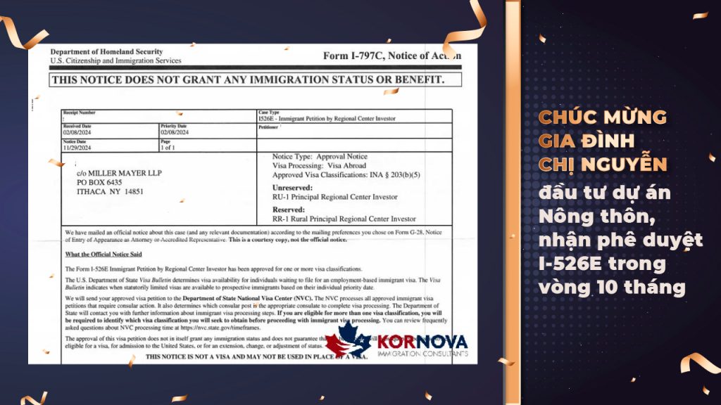 Thêm Một Khách Hàng Đầu Tư Dự Án Nông Thôn Casa Doa Nhận Phê Duyệt I-526E Trong Vòng 10 Tháng