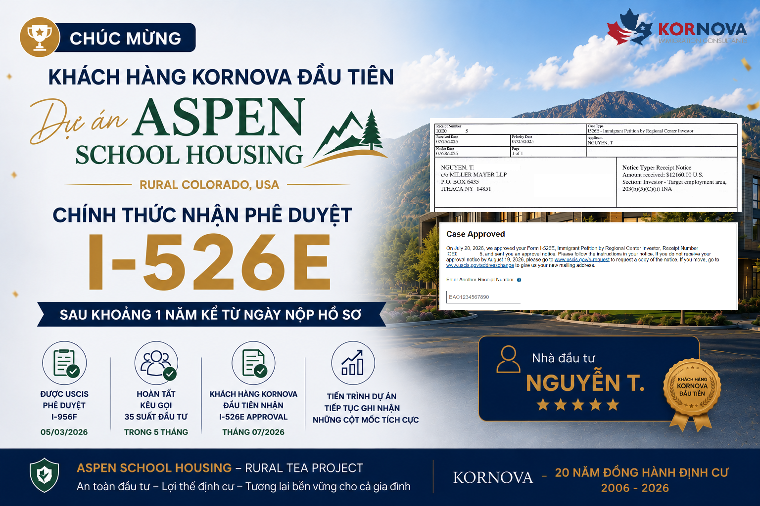 Khách hàng Kornova đầu tiên dự án Aspen School Housing chính thức nhận phê duyệt I-526E