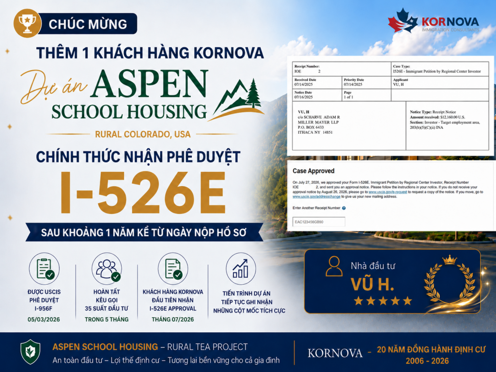 Thêm một Khách hàng Kornova chính thức nhận phê duyệt I-526E dự án Aspen School Housing